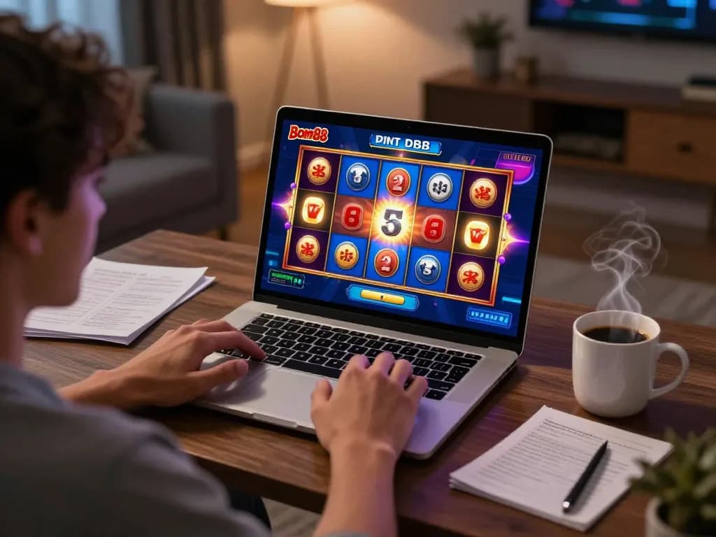 Bom88 player enjoying an online casino experience with vibrant slot games on a laptop in a cozy home setting.