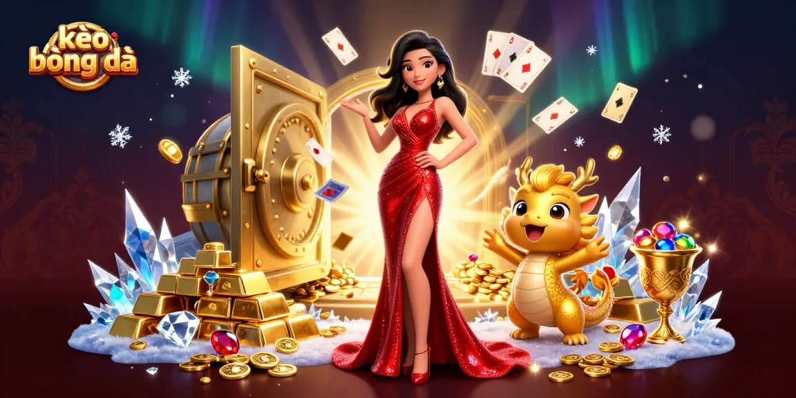 Engage with kèo bóng đá through a vibrant illustration featuring a stunning 3D Asian woman and golden dragon amidst dynamic casino elements.