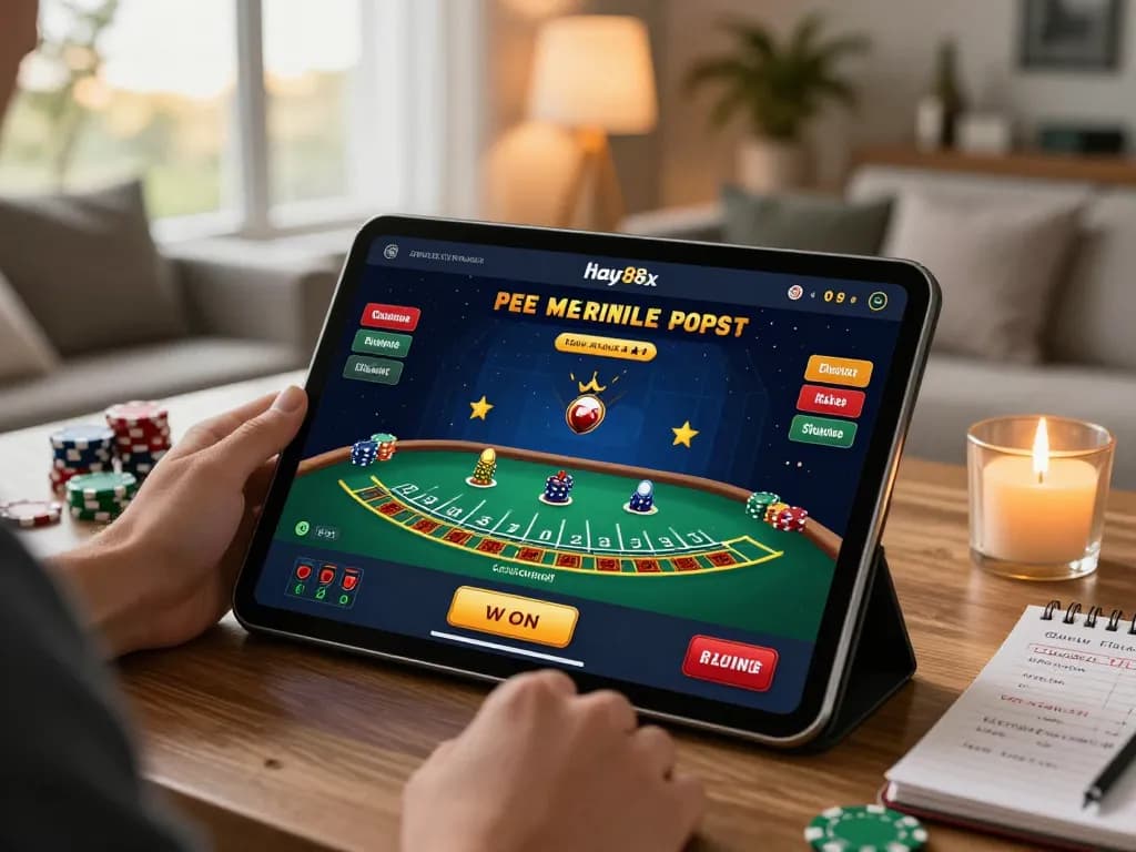 Engaging online blackjack session with hay88x casino app showcasing strategies in a cozy setup.