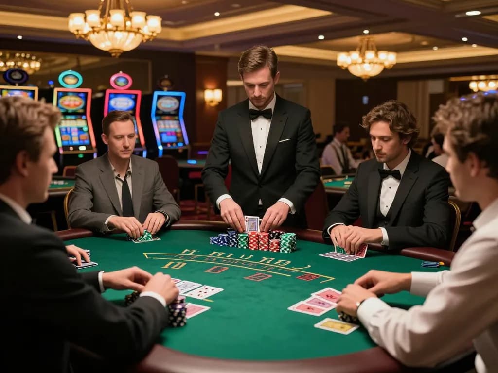 Players showcasing strategies at a Tic88 blackjack table in a vibrant casino atmosphere