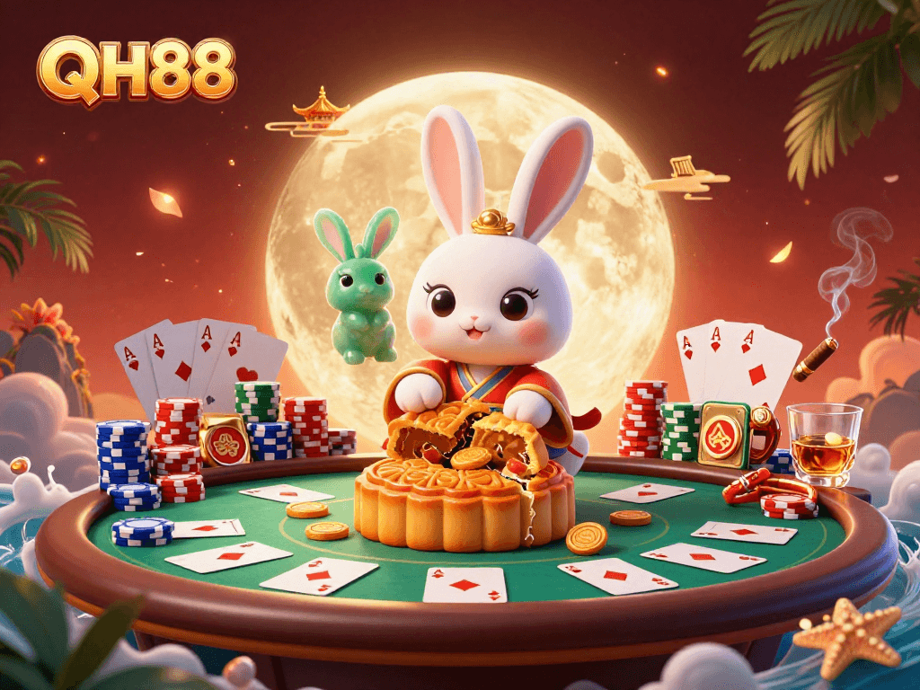 QH88 showcases a 3D cartoon moon rabbit celebrating with poker chips among vibrant casino elements.