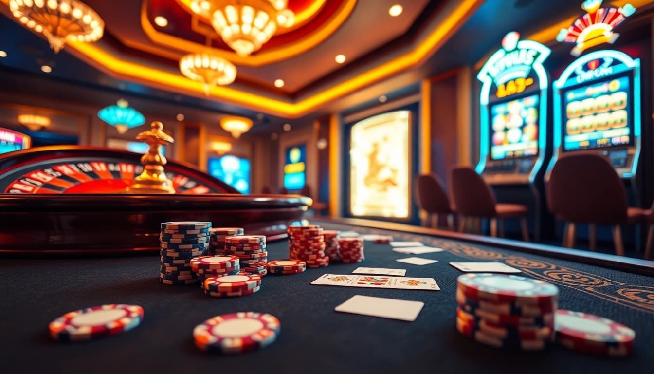 Experience the excitement of gi88 at a sophisticated casino table with vibrant poker chips and cards.