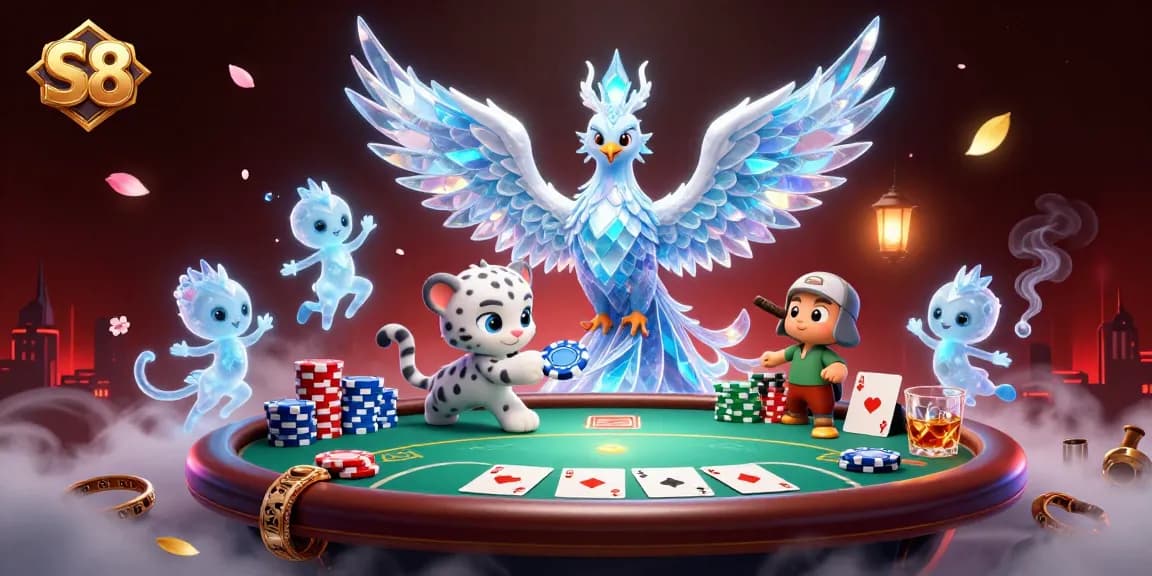 Experience thrilling S8 gameplay with an ice phoenix and poker action in this vibrant casino scene.