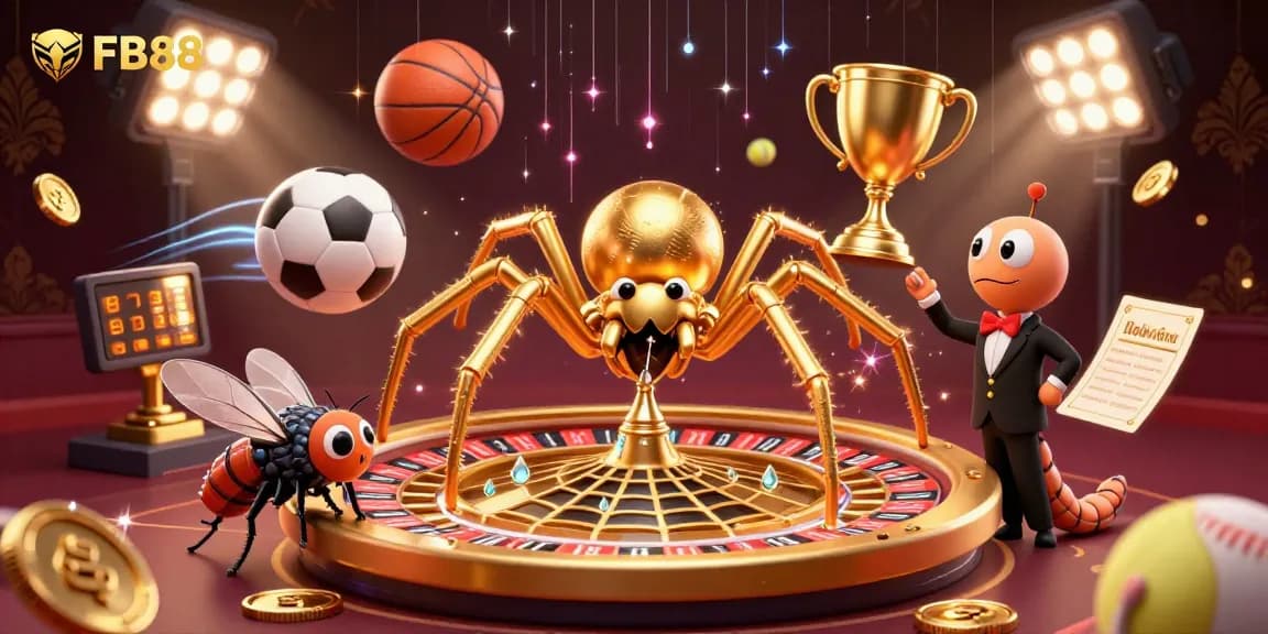 FB88 features a golden spider spinning a roulette wheel web as sports balls dynamically float around, immersive digital casino scene.
