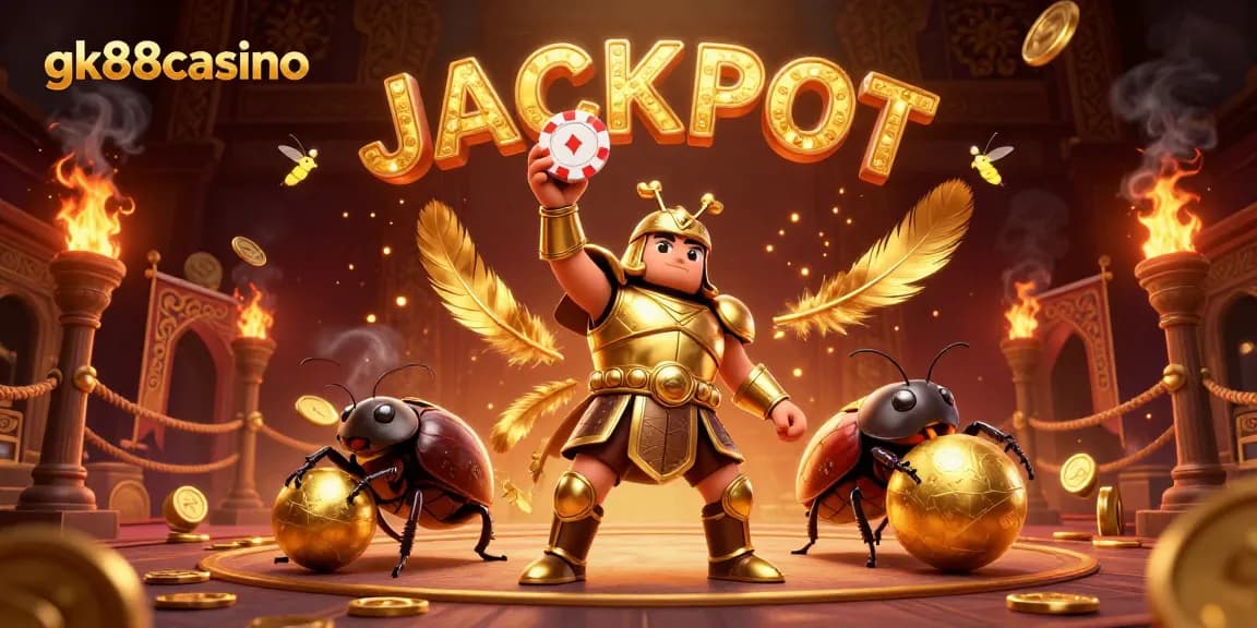 Experience thrilling moments at gk88casino with a victorious beetle champion and vibrant casino elements.