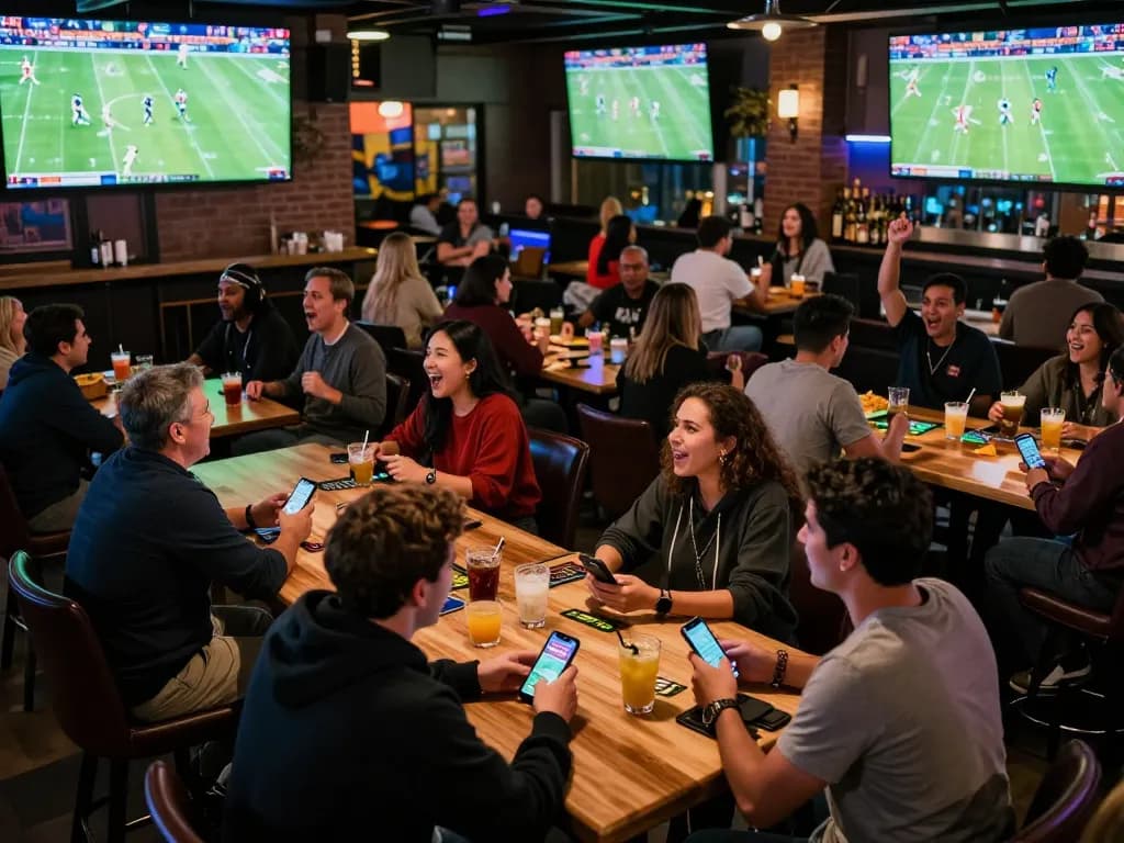 KQBD sports betting scene with fans cheering during live matches in a lively bar environment