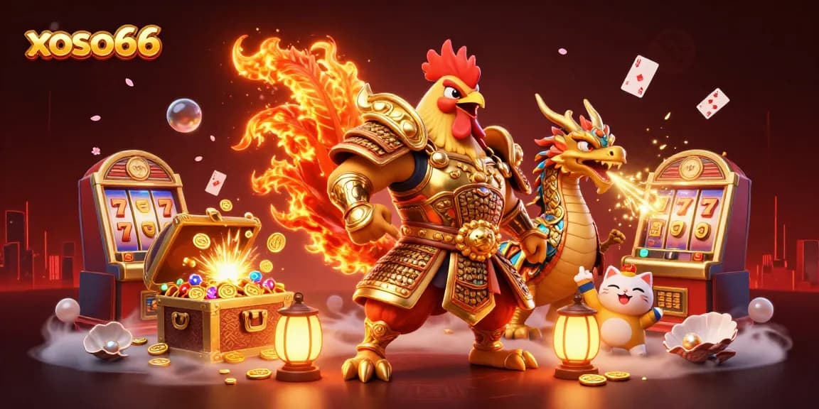 Experience the excitement of xoso66 with a fiery rooster warrior and dragon in a vibrant casino scene.