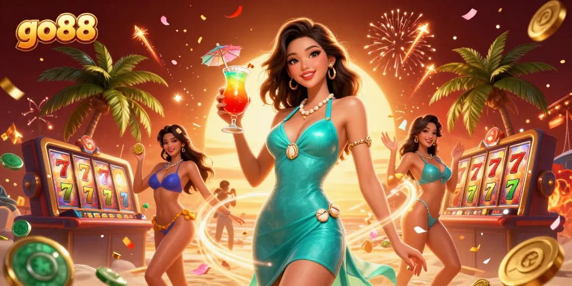 Experience vibrant slots action at go88 with an Asian woman celebrating at a tropical casino beach resort.