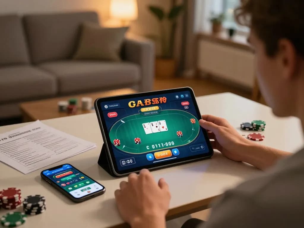 Player enjoying online poker at home using the ga6789 app in a cozy setting