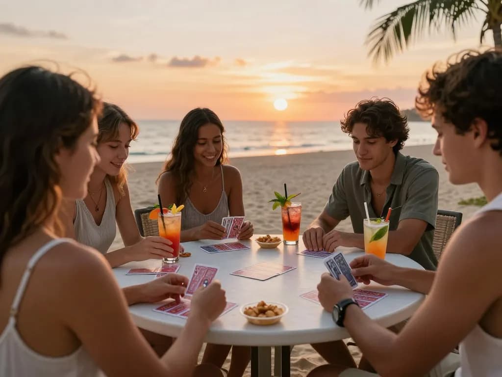 Friends enjoying a game bài at sunset, cards laid out on table with vibrant drinks.