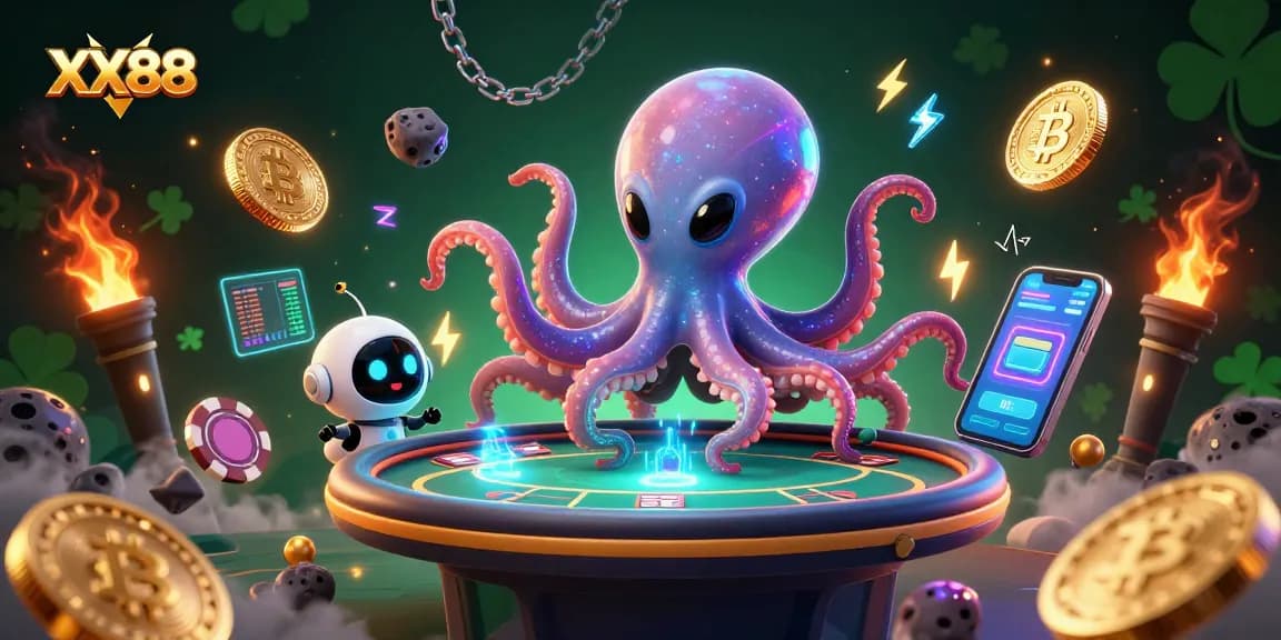 Win big at XX88 as an alien octopus deals cards amid glowing cryptocurrencies in a cosmic casino scene.