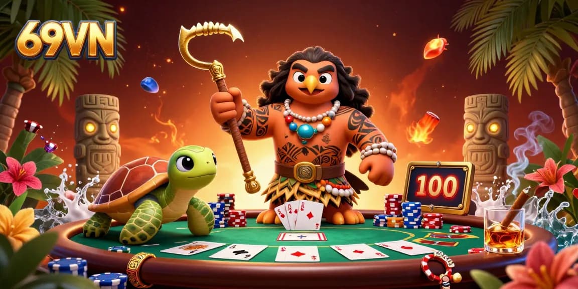 Experience thrilling poker action at 69VN with vibrant characters amidst colorful chips.