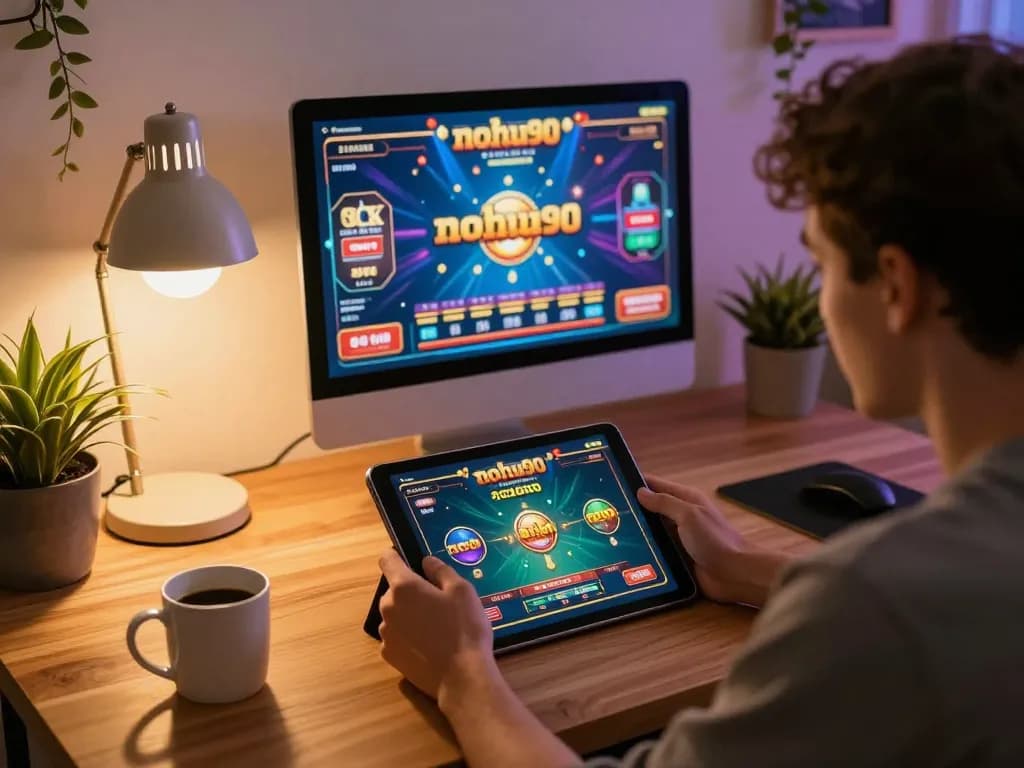 Engaging moment of nohu90 casino gameplay on a tablet showcasing strategic online gambling.