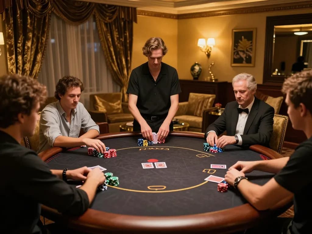 Engaged players at a luxurious poker table strategizing in a casino with luckywin atmosphere