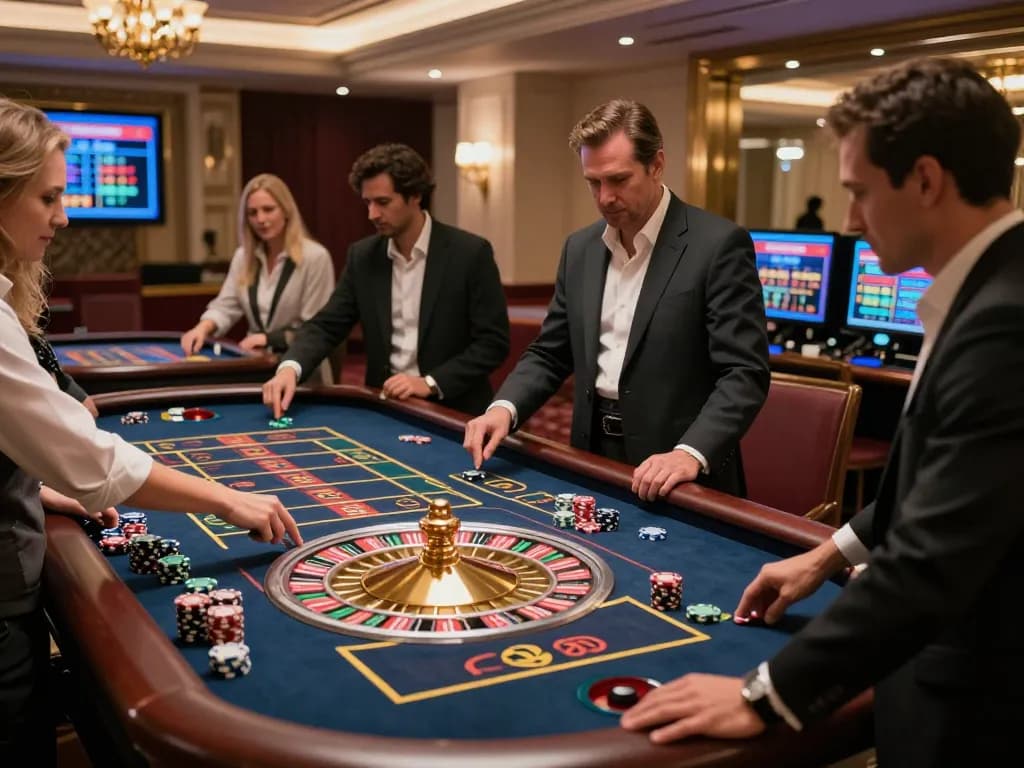 Experience thrilling gameplay at hitclub with a vibrant roulette table and engaged players in a luxurious setting.