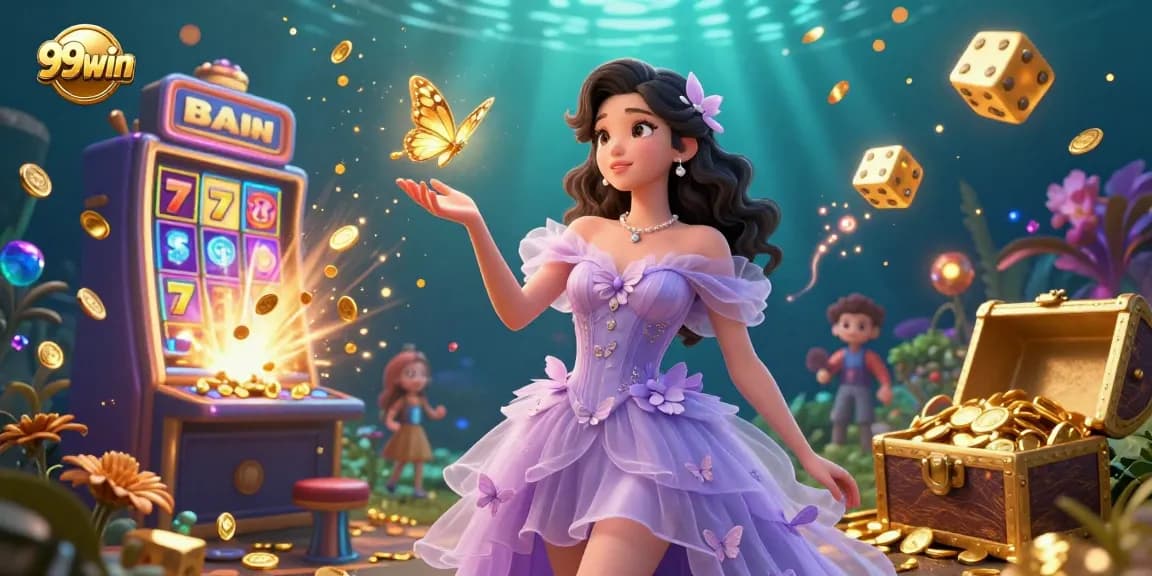 Engage with the vibrant world of 99win as golden butterflies and casino games illuminate the magical scene.