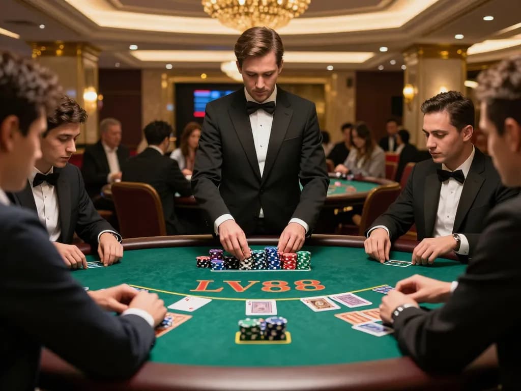 Players placing bets and strategizing at LV88's blackjack table in a luxurious casino