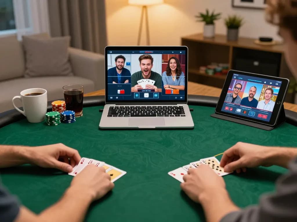 SC88 online poker players engaged in strategic gameplay at home with tablets and laptops.