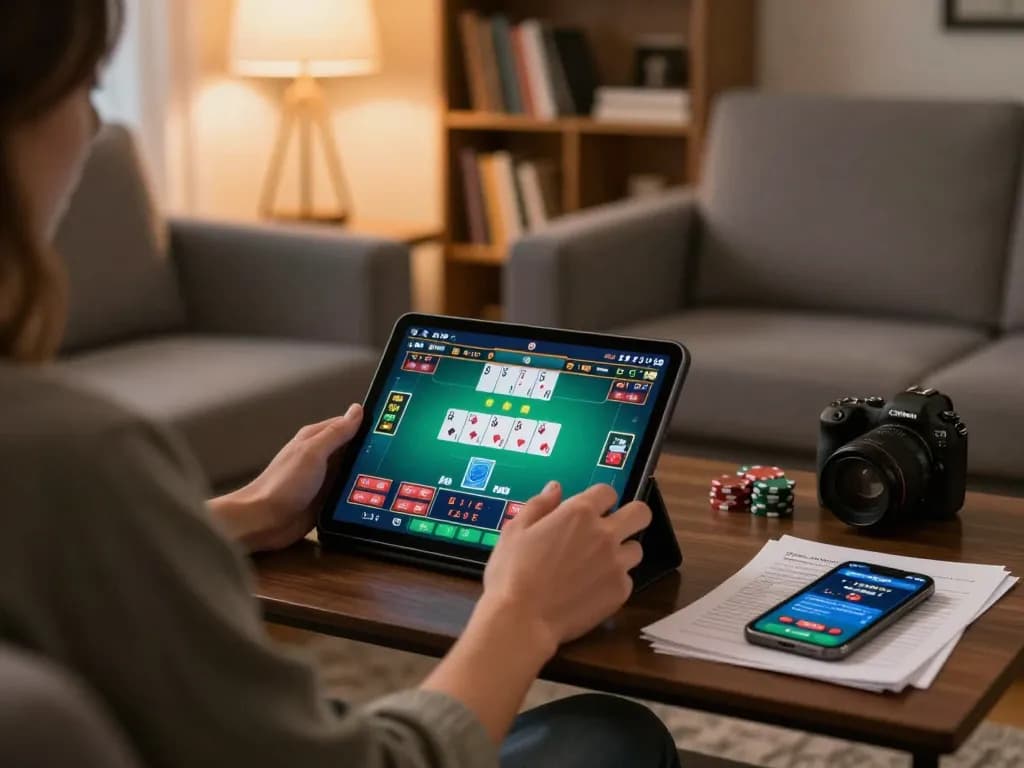 Engaging in online poker at Trang chủ Fly88 with strategic notes and vibrant game interface.