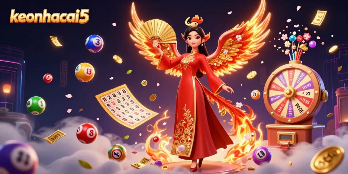 Win with keonhacai5 as vibrant lottery elements surround a lady in a traditional Vietnamese ao dai.