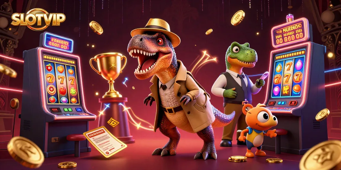 SLOTVIP velociraptor card counter interacts at a vibrant slot machine scene.
