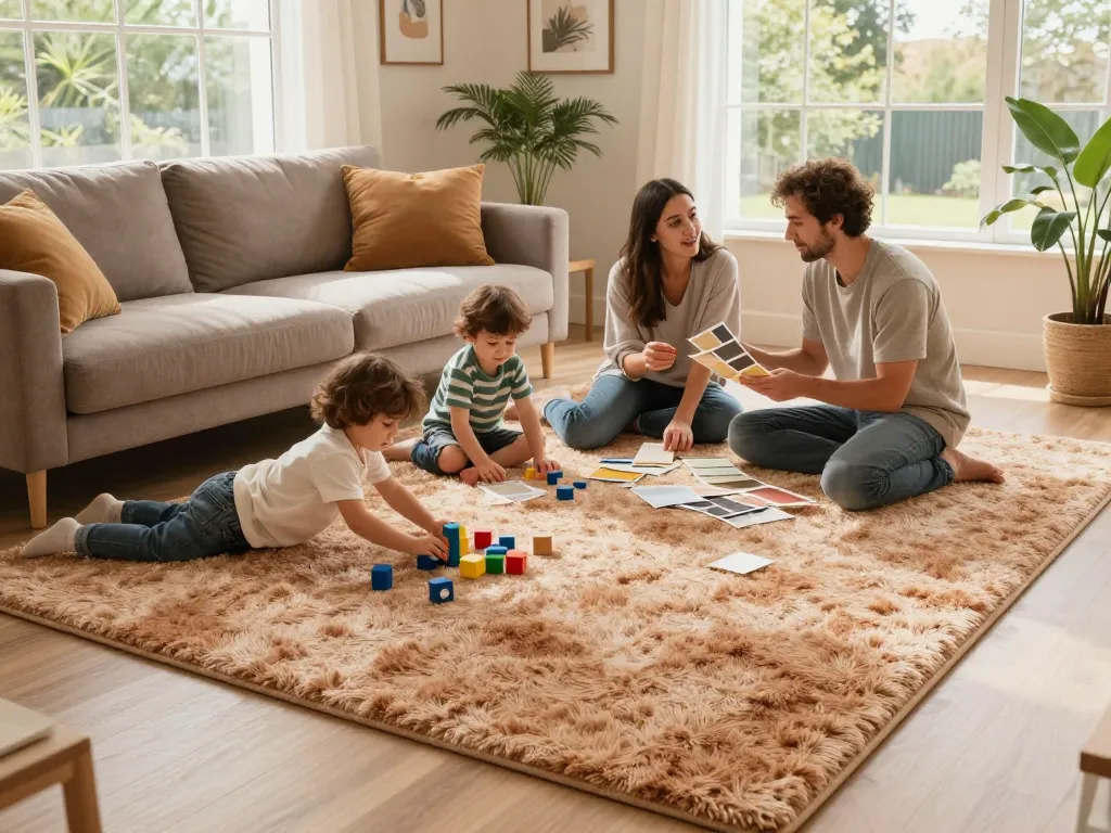 Family enjoying time on affordable carpets London in a cozy living room.