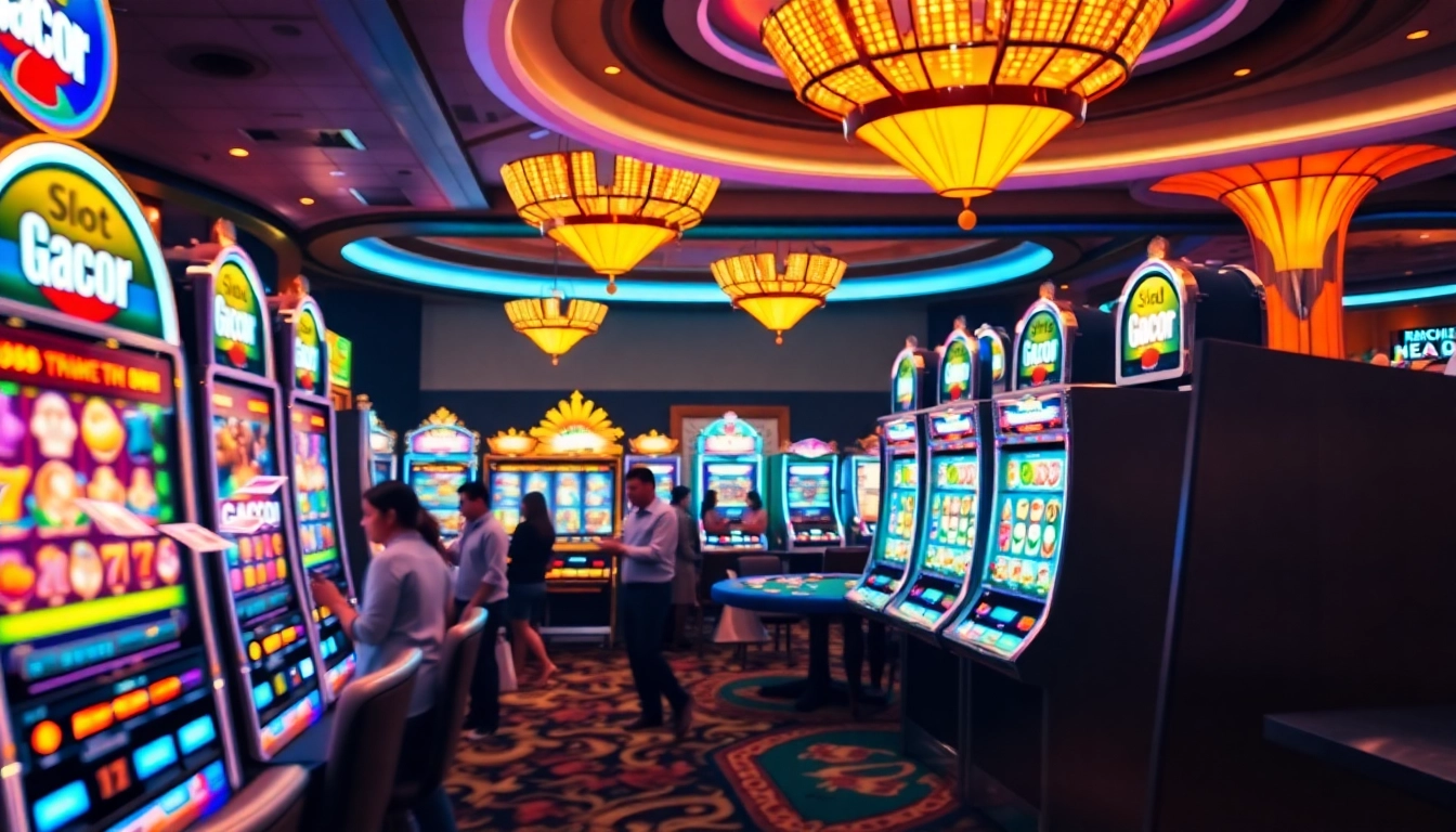 Players celebrating wins at vibrant slot gacor machines in a glamorous casino setting.
