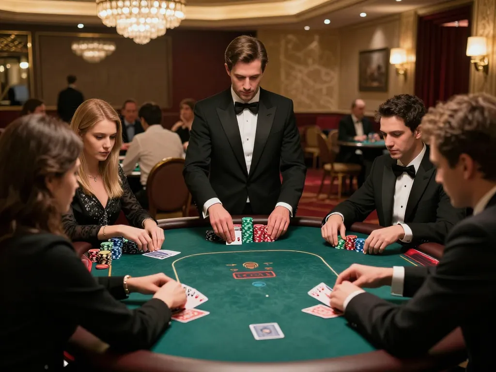 88CLUB players strategically placing bets at an upscale poker table in a luxury casino