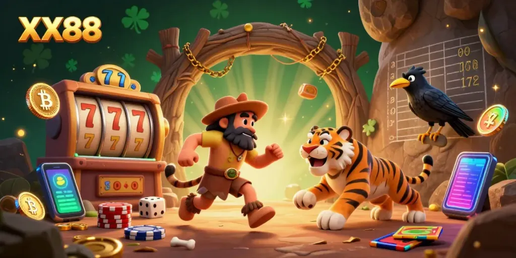 Experience the thrilling XX88 casino with a caveman and sabertooth duo amidst vibrant animated gaming elements.