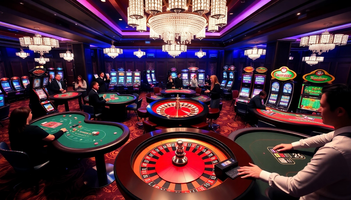 MM88 casino interior featuring vibrant slot machines and roulette wheel with excited players.