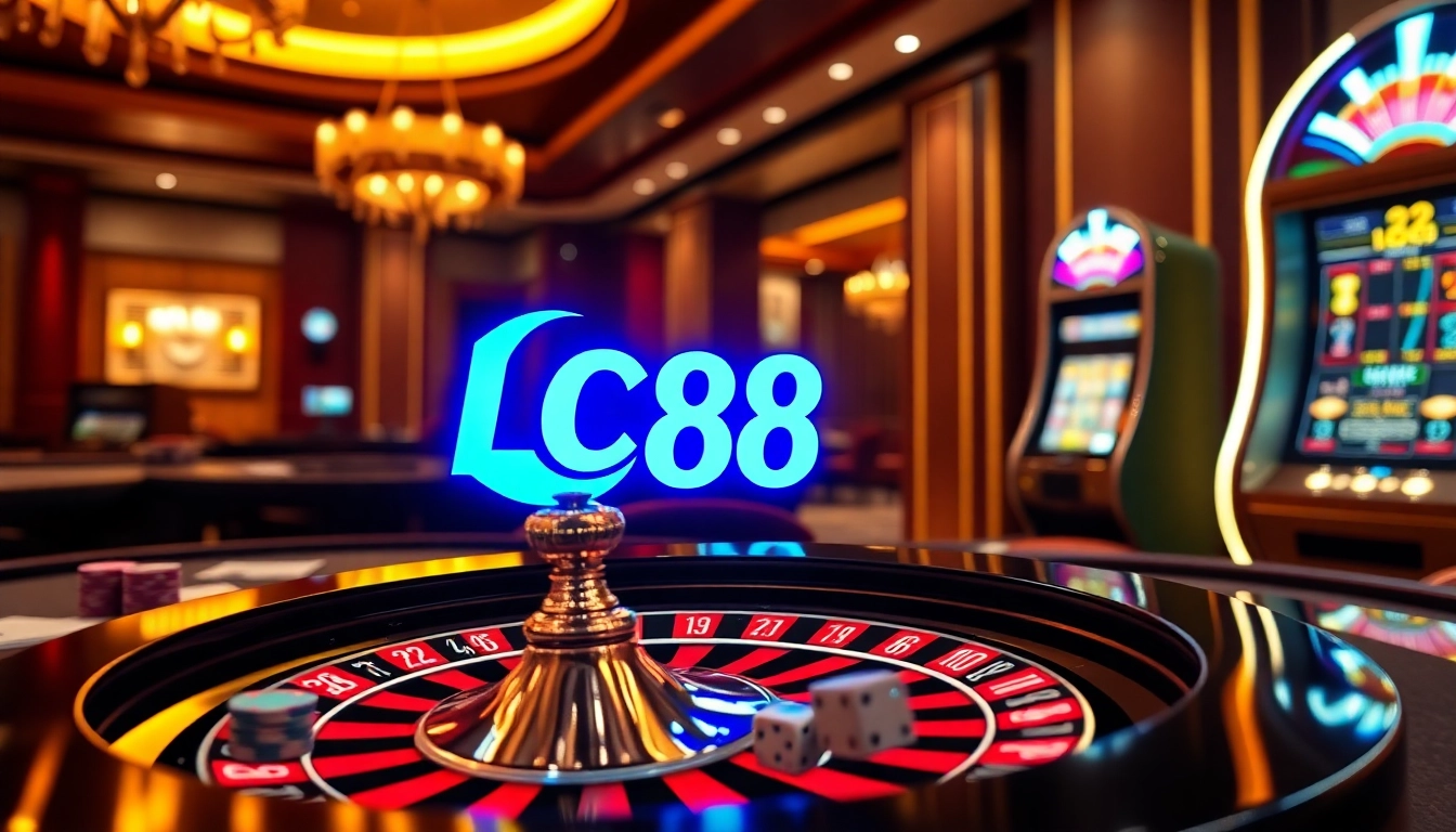 Experience winning moments at LC88 casino with vibrant roulette wheel and poker elements.