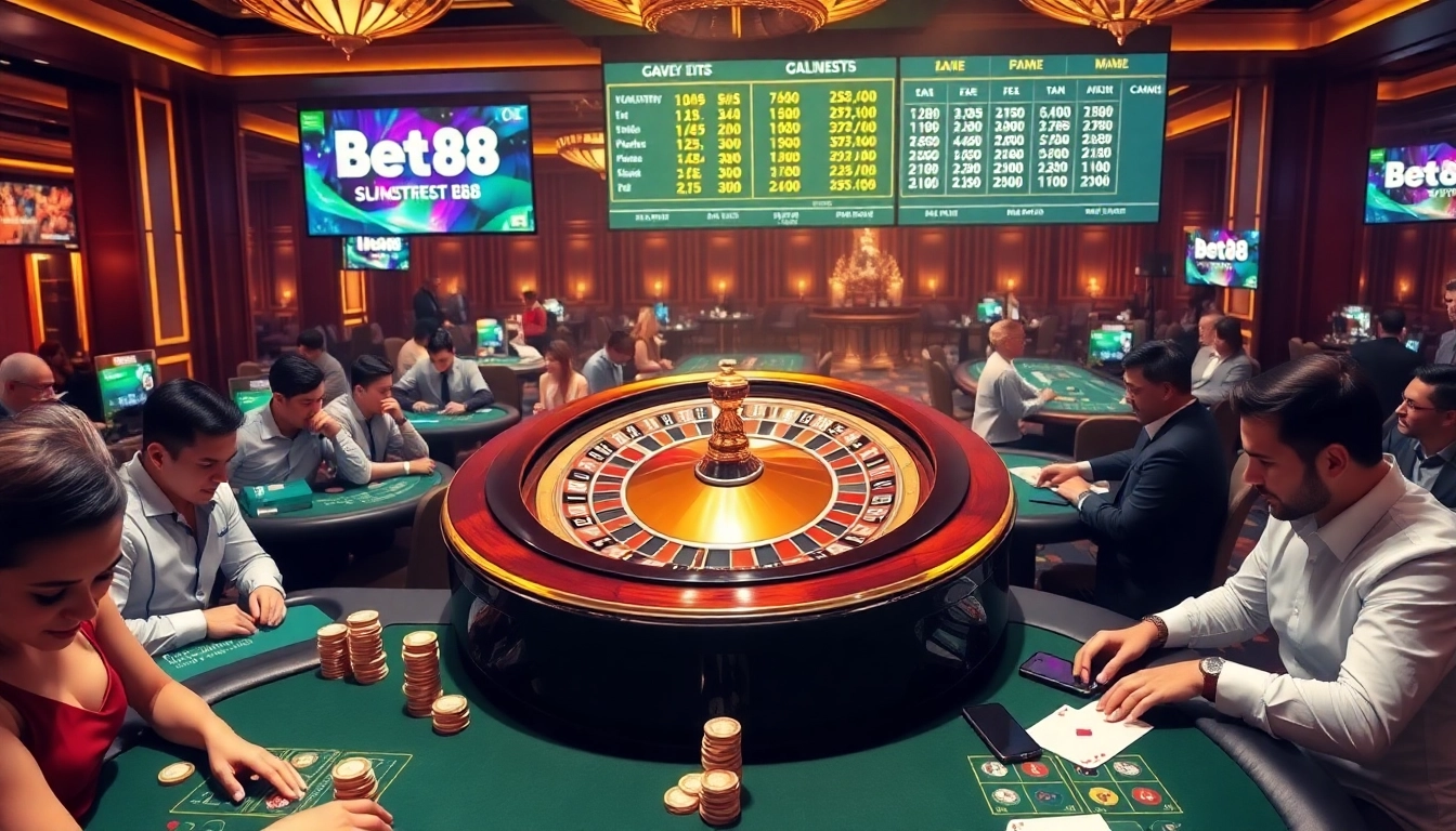 Bet88 players enjoying an exciting round at a roulette table in a luxurious casino setting.