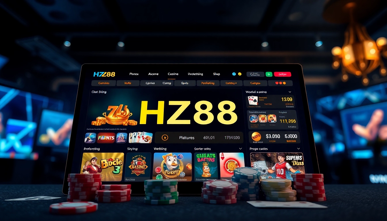 Online gambling interface showcasing HZ88 with vibrant casino games and engaging visuals.