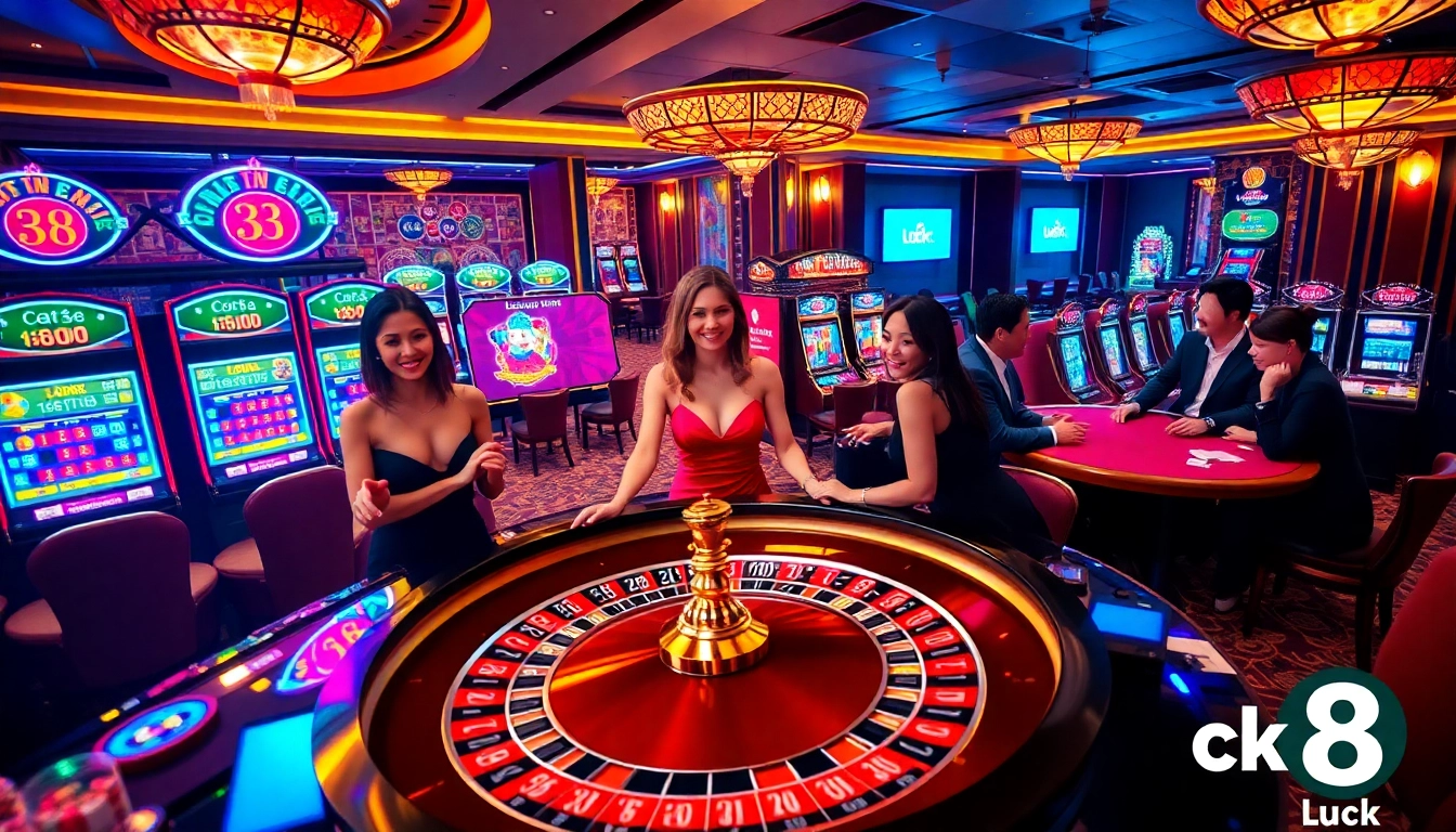 Luck8 casino scene with poker players, roulette table, and slot machines creating an exciting atmosphere.