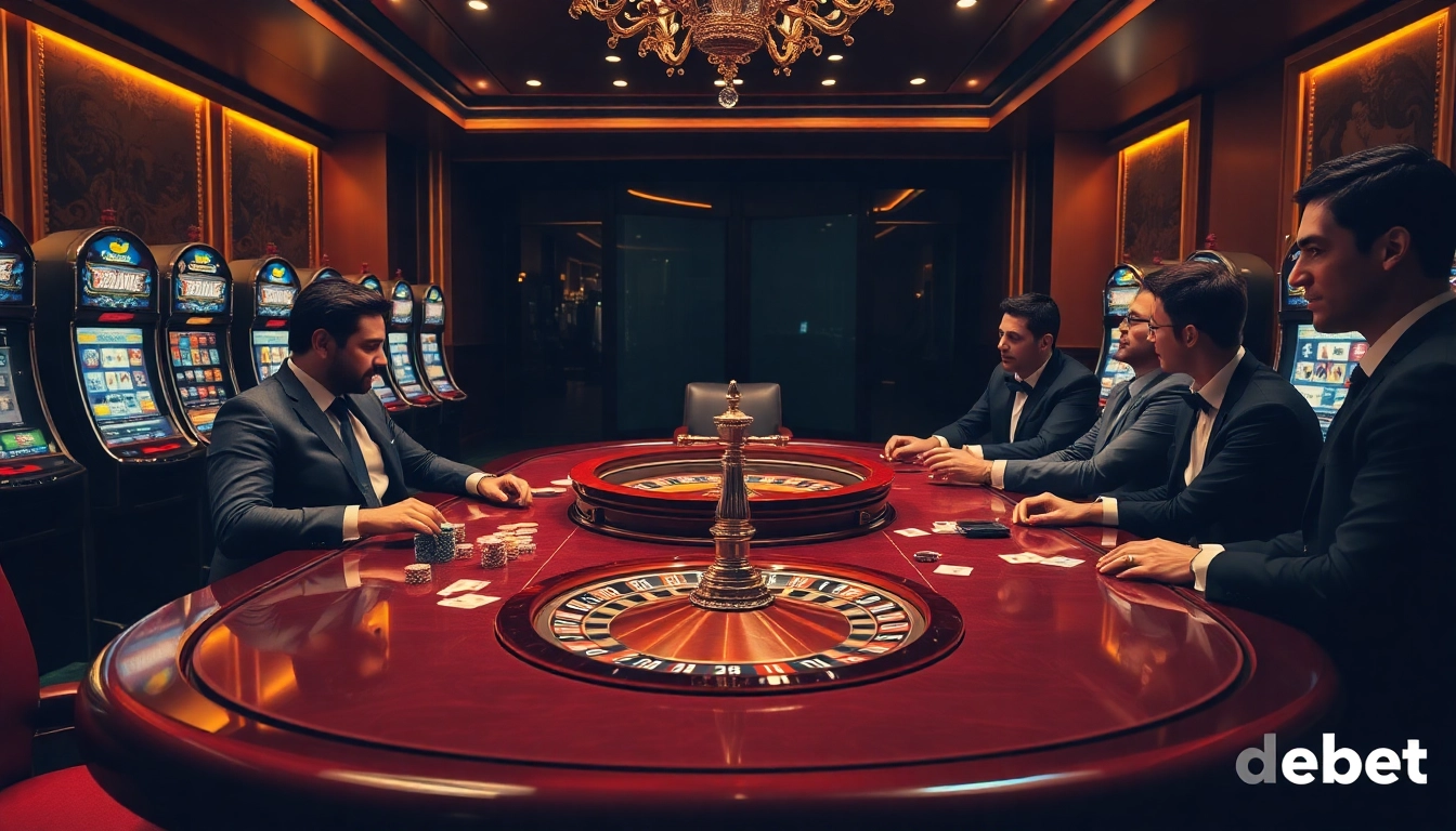 Engaged players enjoying high-stakes poker at a luxurious casino, showcasing De bet excitement.