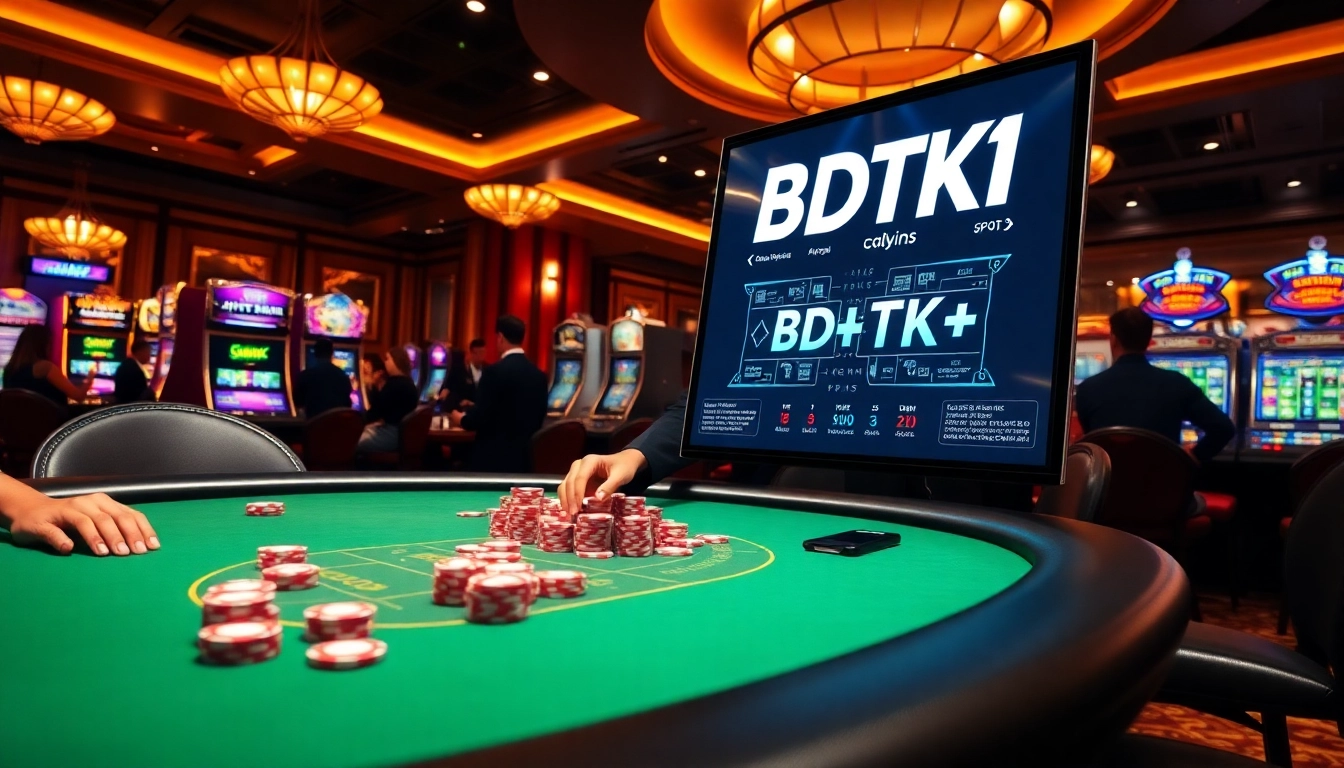 BDTK1 gaming table bustling with excitement, featuring poker chips and slot machines.