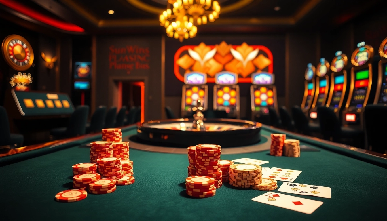 Experience strategic gameplay at sunwin20 with a vibrant casino scene showcasing poker and roulette.
