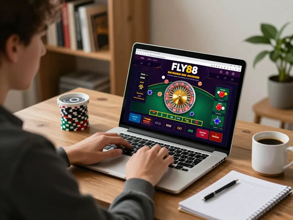Player engaging in online roulette at FLY88, highlighting a responsible gaming environment with strategy notes.