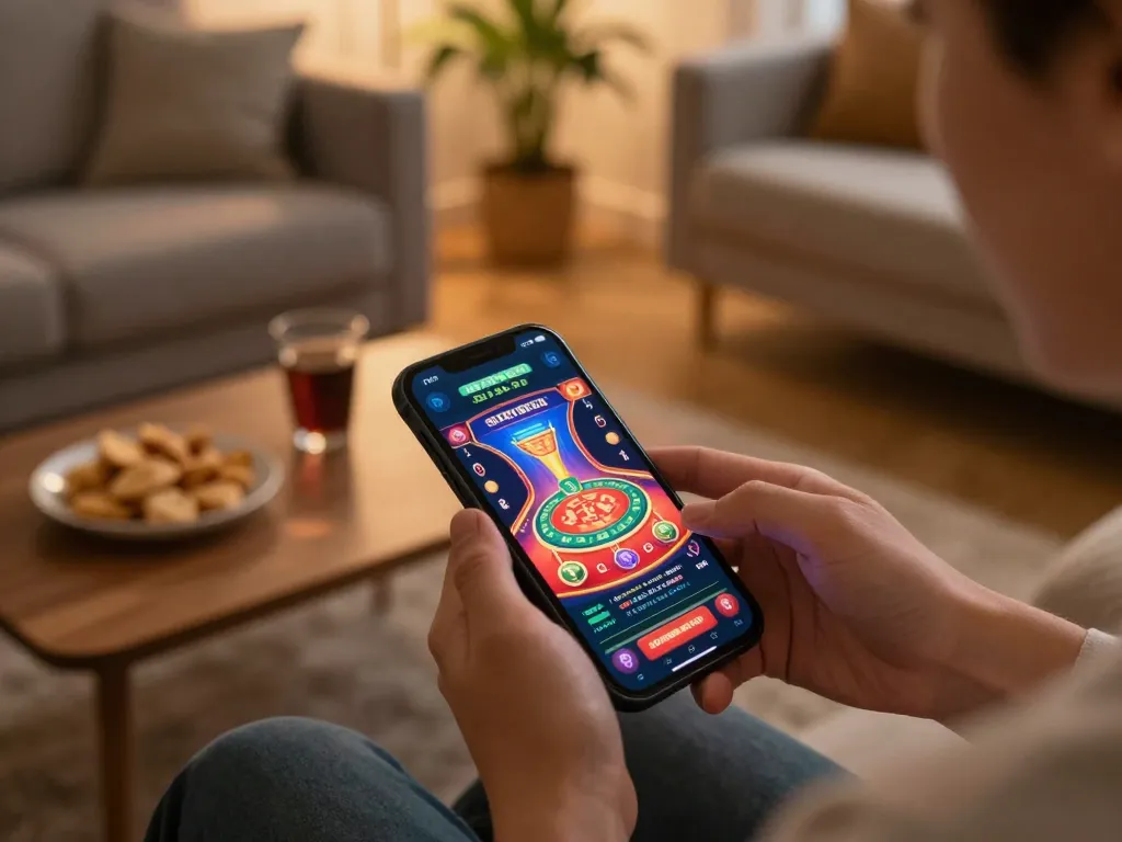 Excited player enjoying mobile casino gaming experience with go86vn app on smartphone in a cozy setting.