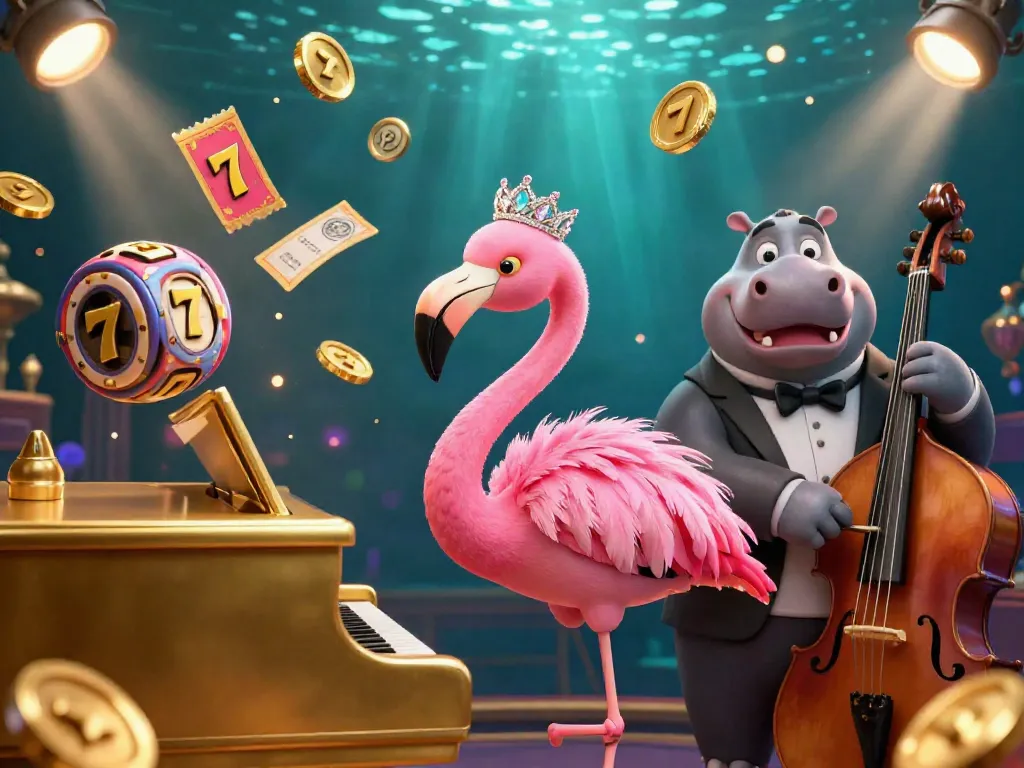 Experience the vibrant casino atmosphere at NOHU with a lively flamingo performer and hippo bassist amidst dynamic slot elements.
