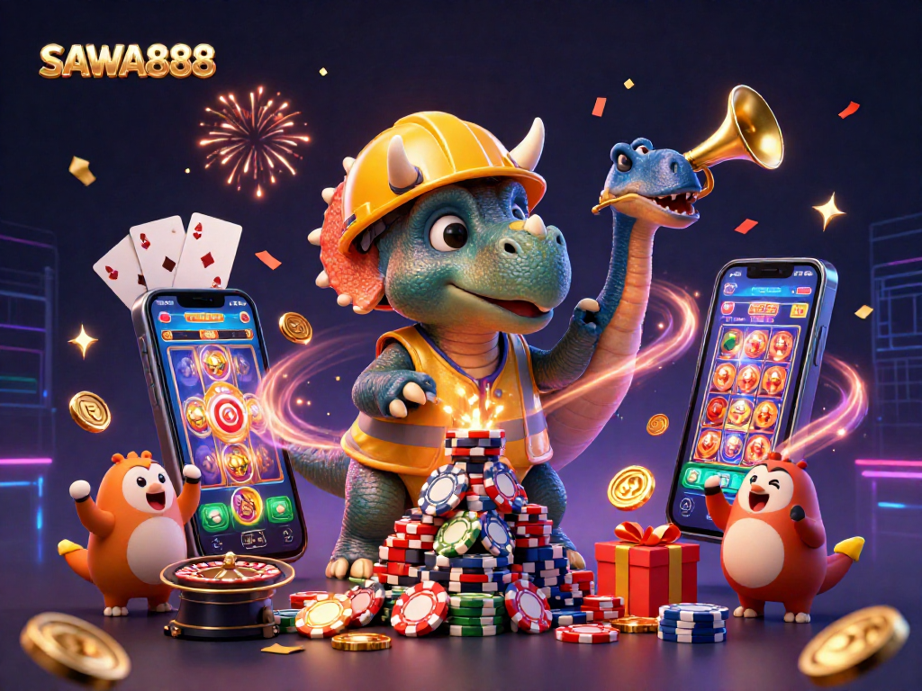 Experience the excitement of SAWA888 with a vibrant illustration of a triceratops and friends celebrating casino winnings.