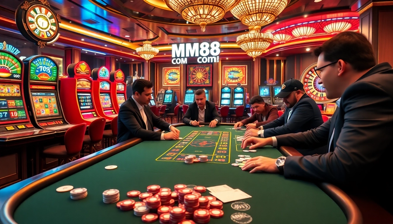 High-stakes poker action at MM88 COM casino with vibrant slot machines and roulette wheels.