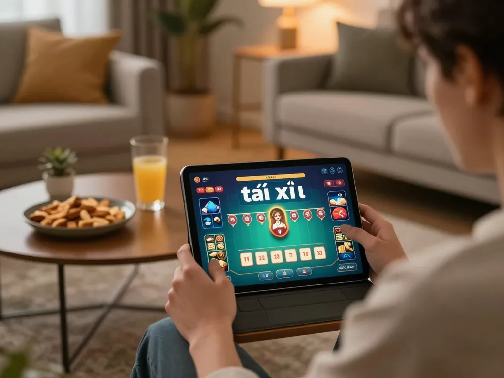 Engaging in strategic game tài xỉu online with tablet, cozy home setup and snacks.