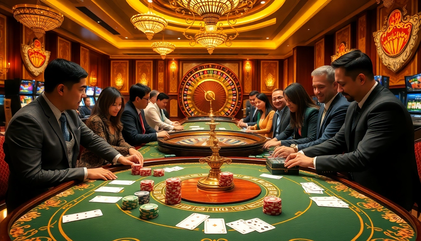 Players reveling at a casino table, enjoying their gaming experience at https://bomwin.cn.com/ in a luxurious atmosphere.