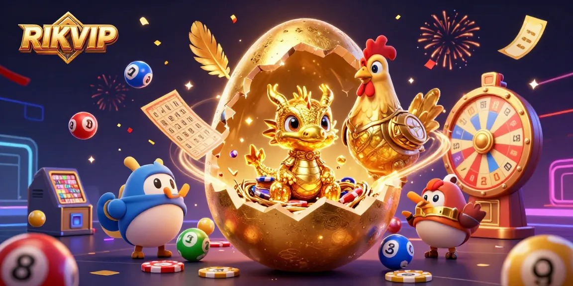 Play exciting games at RIKVIP, featuring a golden treasure scene with dynamic lottery elements.