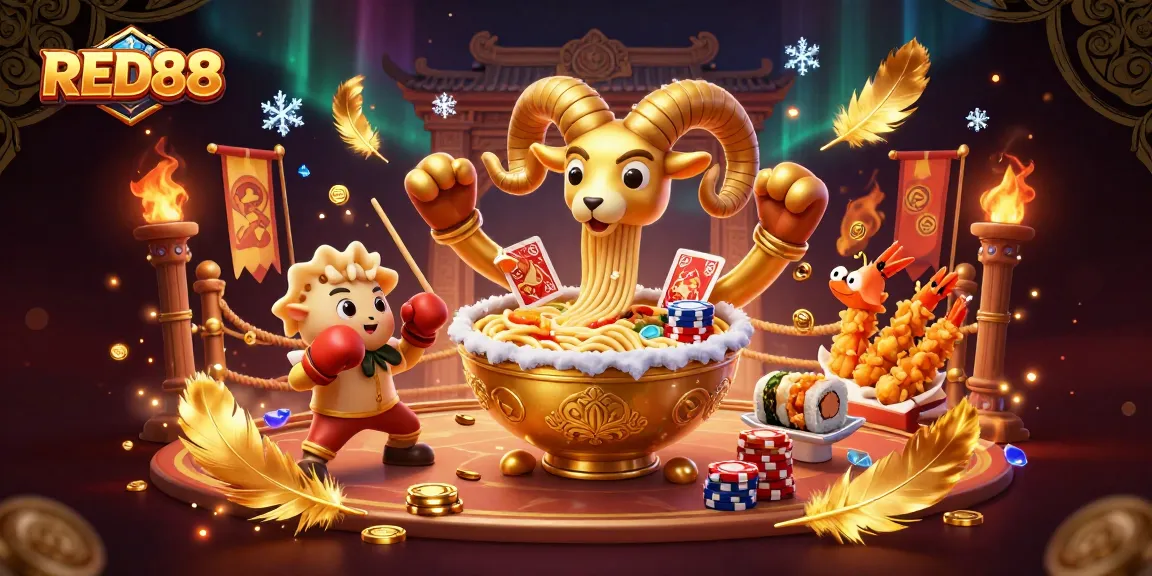 Engage with RED88's dynamic casino scene featuring a golden ramen bowl dealer and cheerful characters.