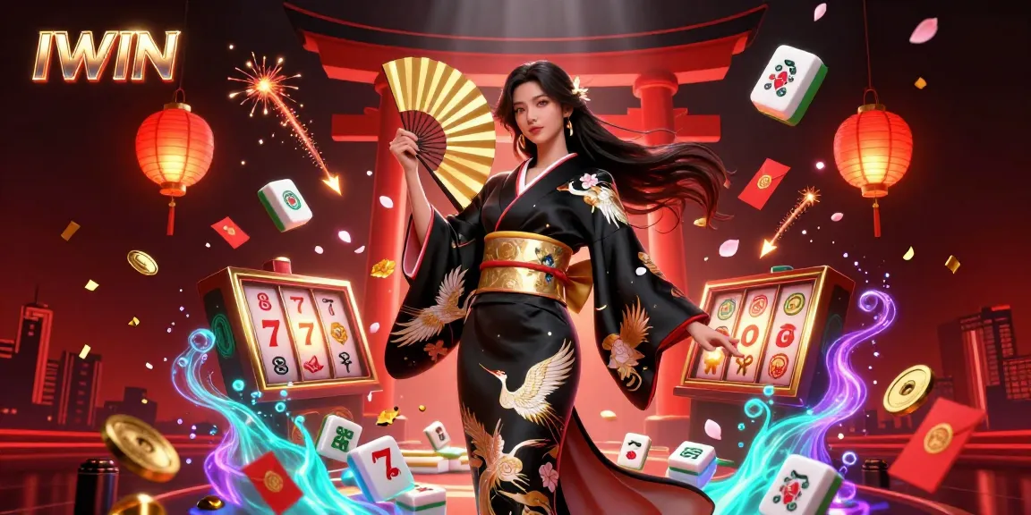 IWIN Casino: Engaging scene depicting an elegant Asian woman and dynamic casino elements like slot reels and golden mahjong tiles.