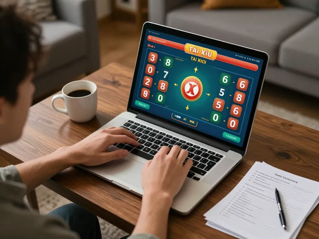 Engaging gameplay of tài xỉu online displayed on a laptop in a cozy home setting, enhancing the online gambling experience.