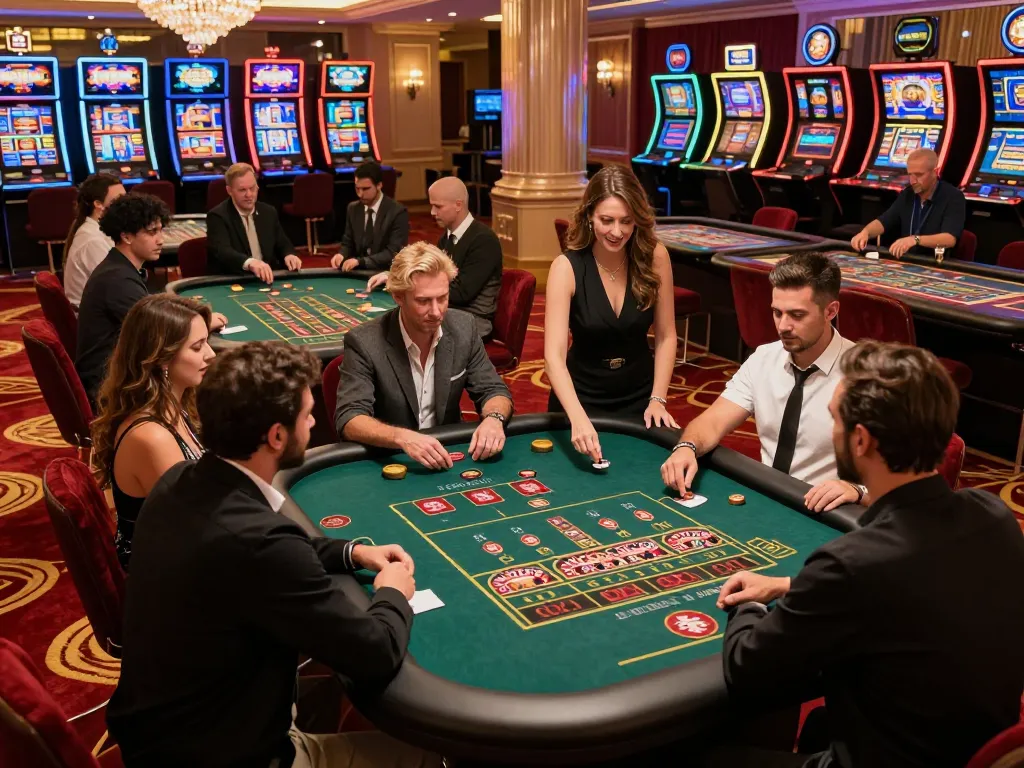 Players engaging in intense betting at a roulette table at luck8biz casino, showcasing vibrant casino atmosphere.