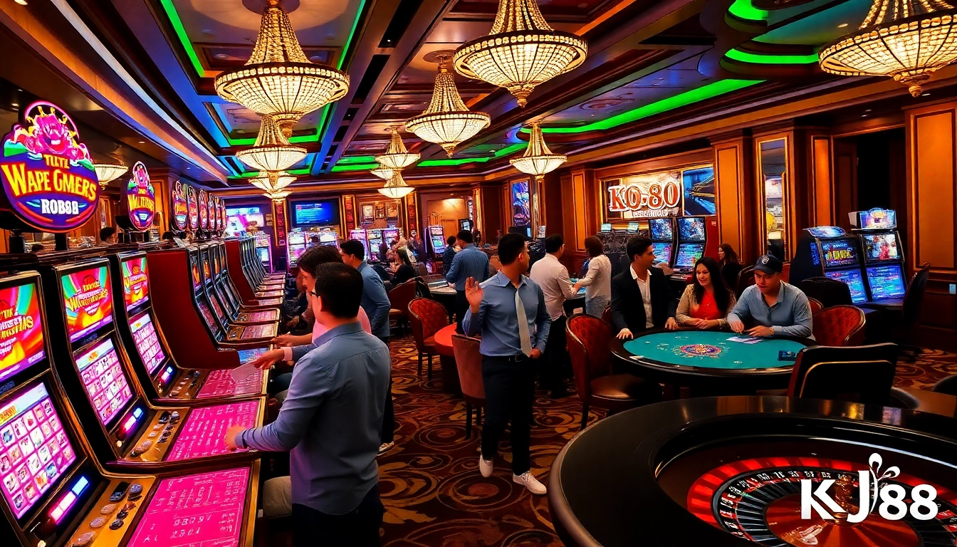 Exciting game action at KJC RR88, showcasing vibrant slots and poker tables.